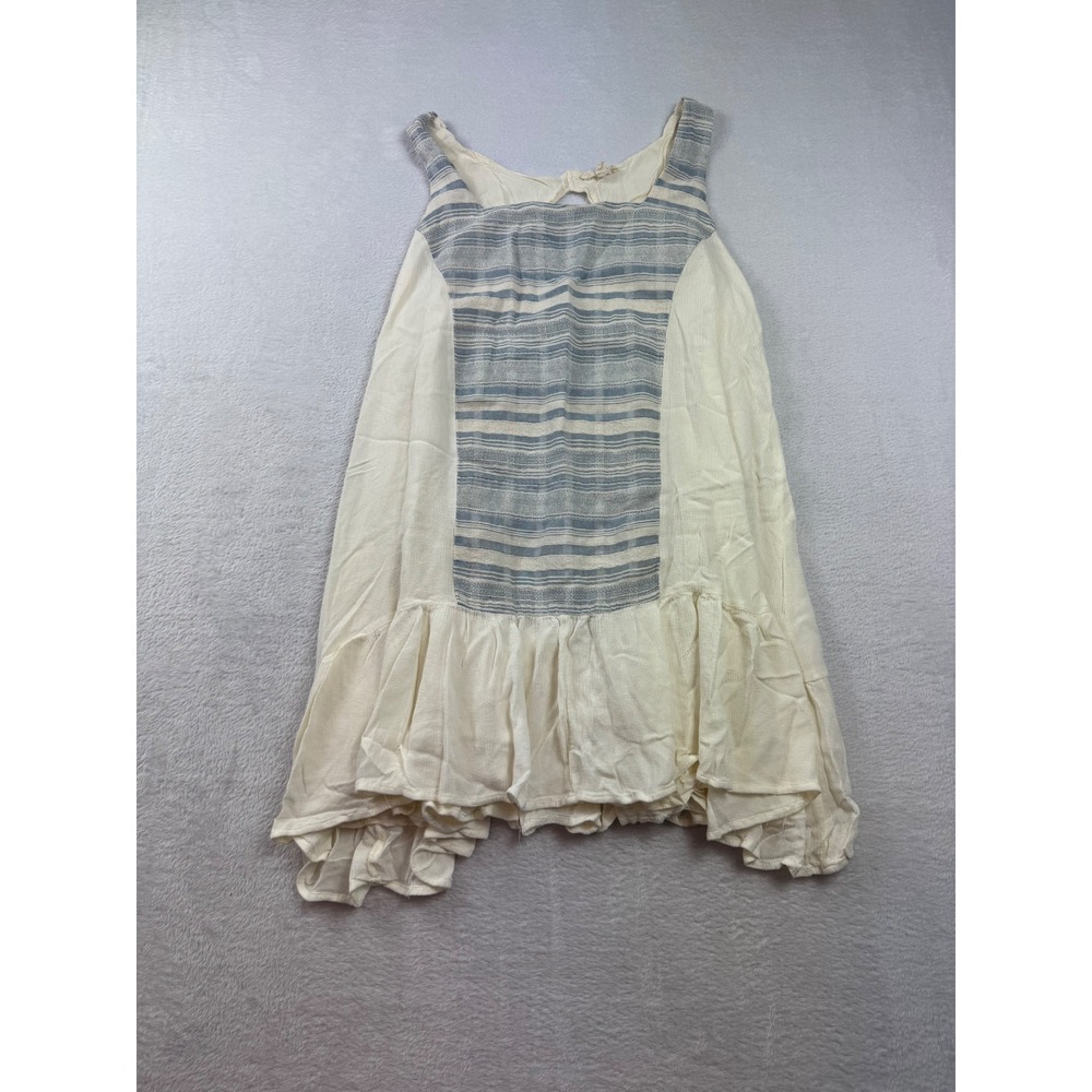Easel Womens Small Sleeveless Tunic Top Cream Blue Striped Keyhole Boho‎ Ruffle